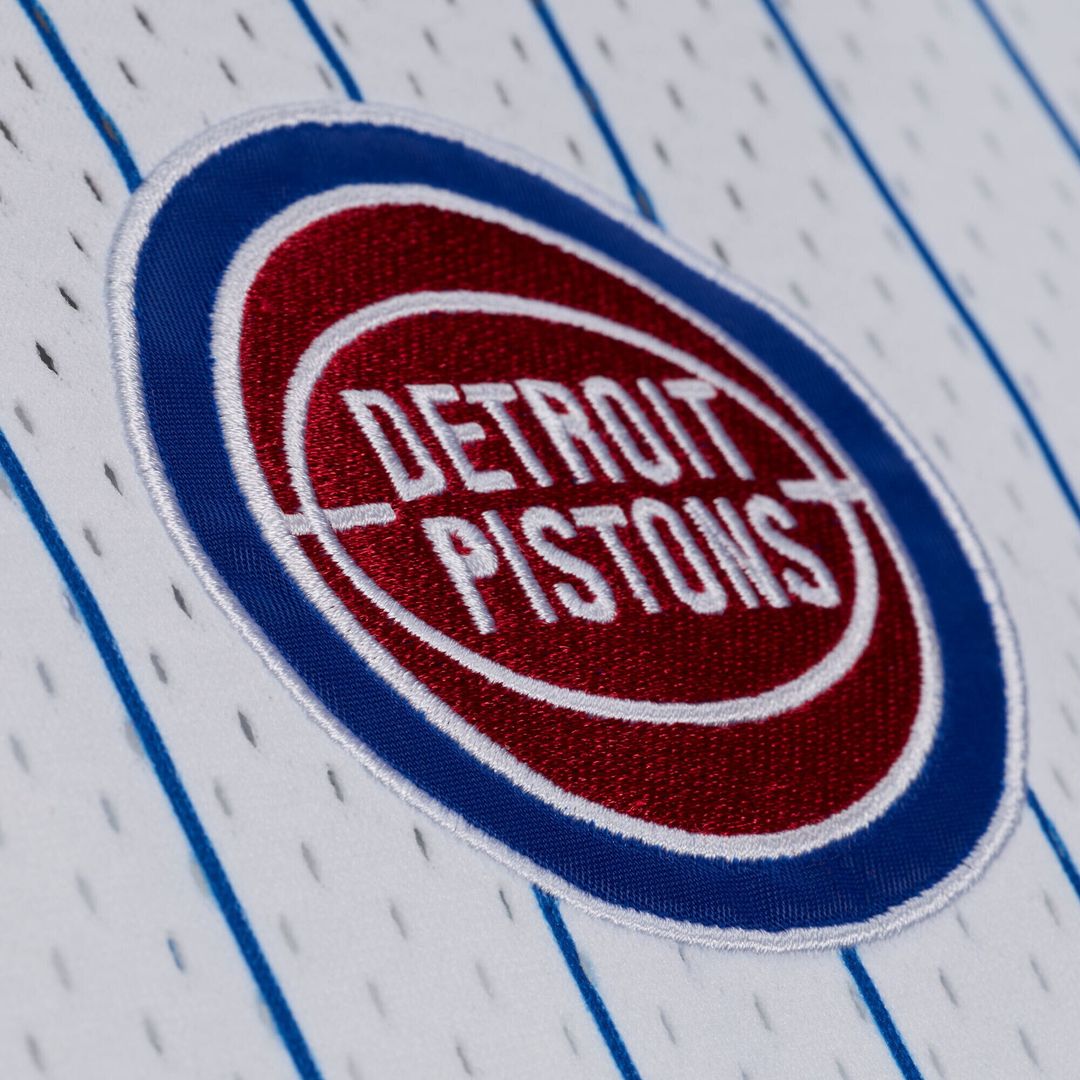 Detroit Pistons Mitchell & Ness Head Coach Pinstripe Mesh Full-Button Baseball Jersey - White Official NBA Team Apparel Basketball Fan Gear