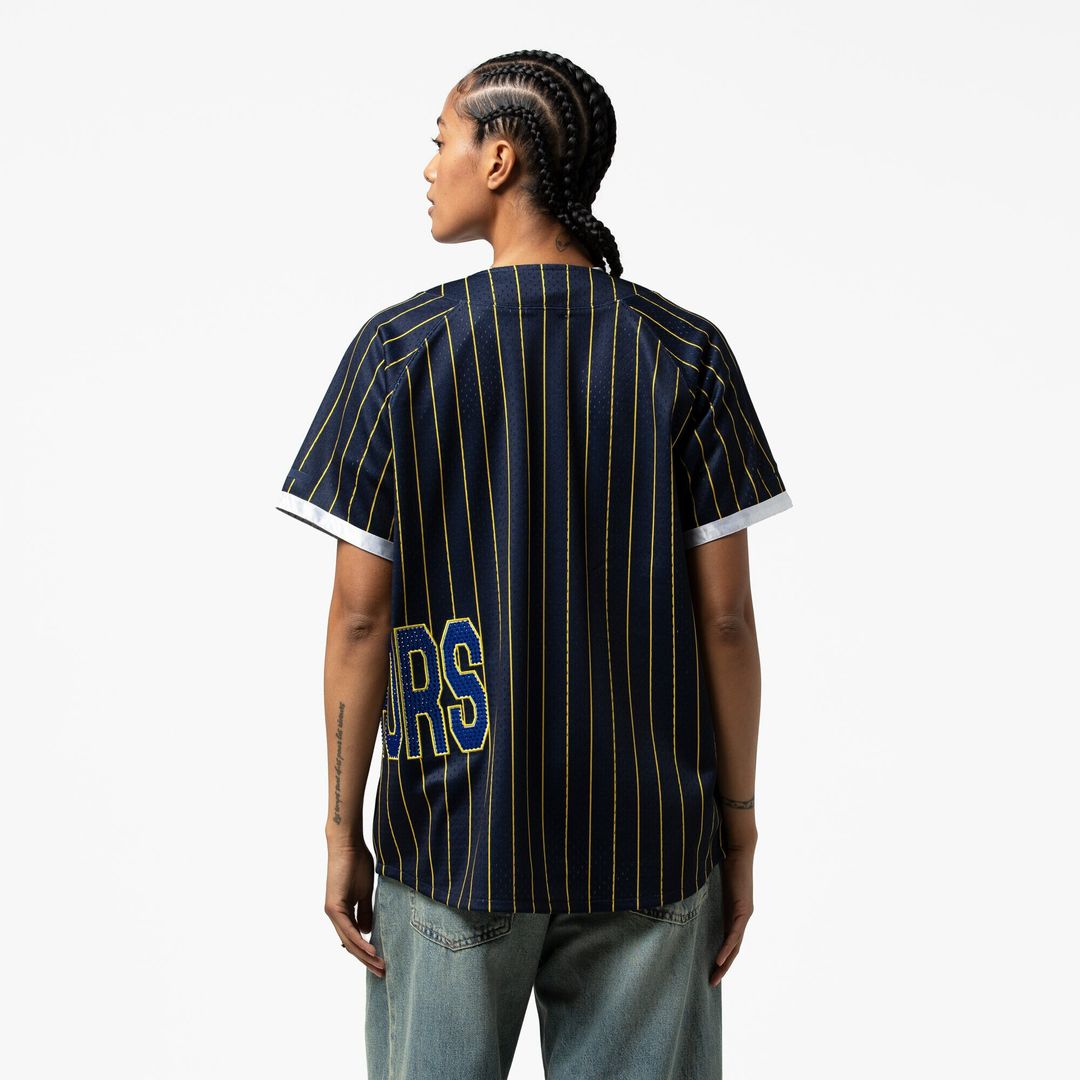 Golden State Warriors Mitchell & Ness x DANNIJO Women's Fashion Baseball Jersey - Blue Official NBA Team Apparel Basketball Fan Gear