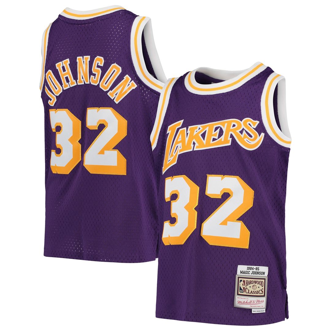 Magic Johnson Los Angeles Lakers Mitchell & Ness Youth 1984-85 Hardwood Classics Swingman Throwback Jersey - Purple Official NBA Team Apparel Basketba