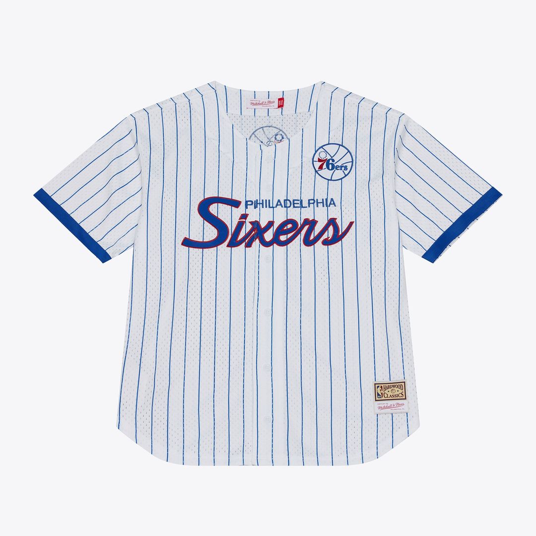 Philadelphia 76ers Mitchell & Ness Head Coach Pinstripe Mesh Full-Button Baseball Jersey - White Official NBA Team Apparel Basketball Fan Gear