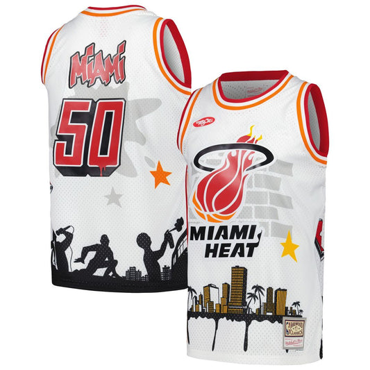 Miami Heat Mitchell & Ness x Tats Cru Hardwood Classics Fashion Jersey - White Official NBA Team Apparel Basketball Fan Gear
