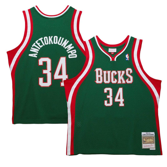 Giannis Antetokounmpo Milwaukee Bucks Mitchell & Ness 2013/14 Hardwood Classics Swingman Jersey - Hunter Green Official NBA Team Apparel Basketball Fa