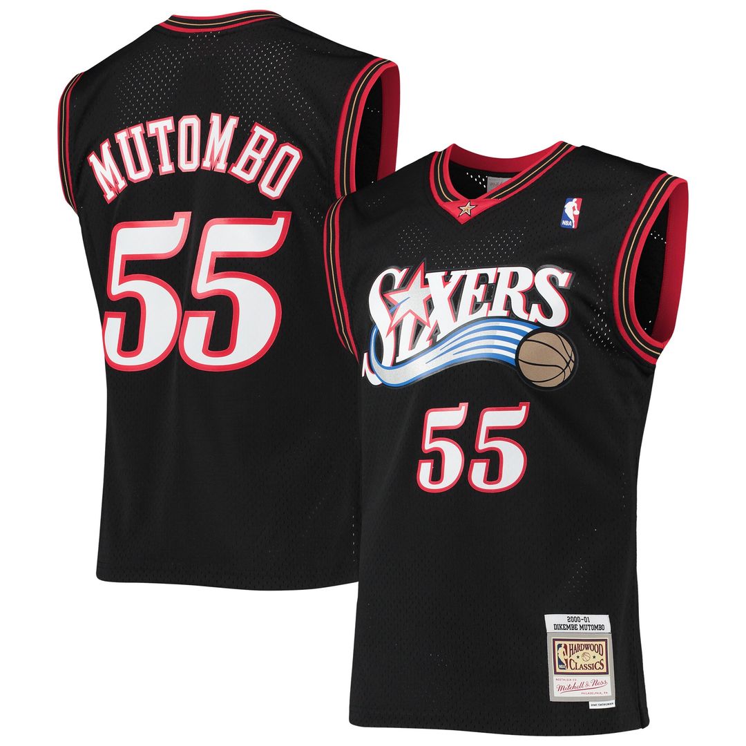 Dikembe Mutombo Philadelphia 76ers Mitchell & Ness Hardwood Classics Swingman Jersey - Black Official NBA Team Apparel Basketball Fan Gear