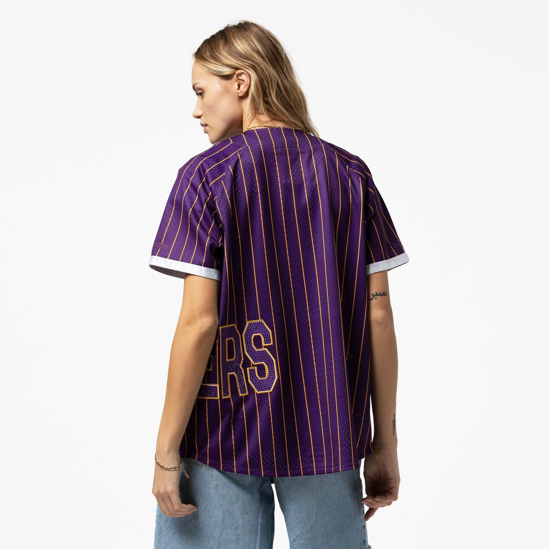 Los Angeles Lakers Mitchell & Ness x DANNIJO Women's Fashion Baseball Jersey - Purple Official NBA Team Apparel Basketball Fan Gear