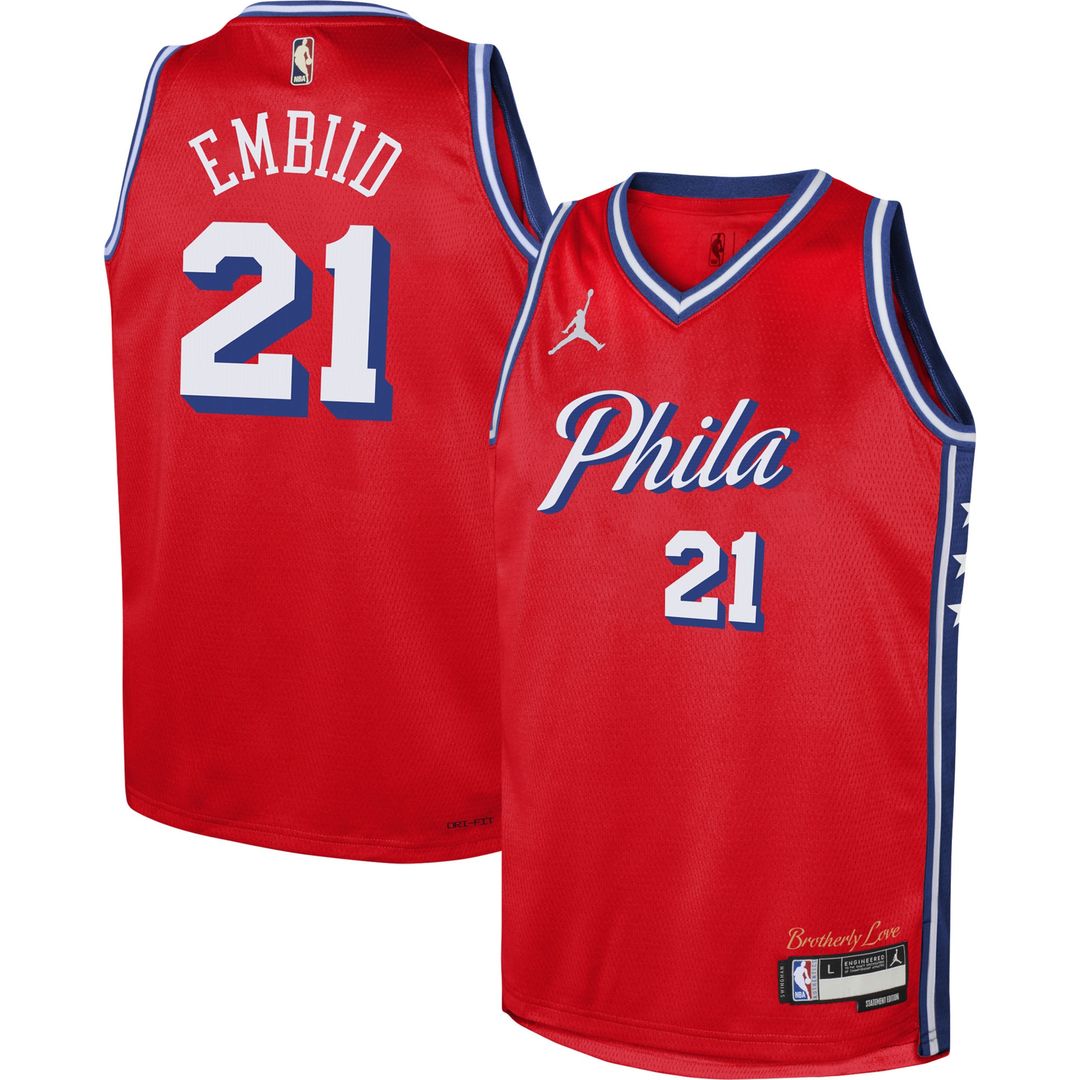 Joel Embiid Philadelphia 76ers Jordan Brand Youth Swingman Jersey - Statement Edition - Red Official NBA Team Apparel Basketball Fan Gear