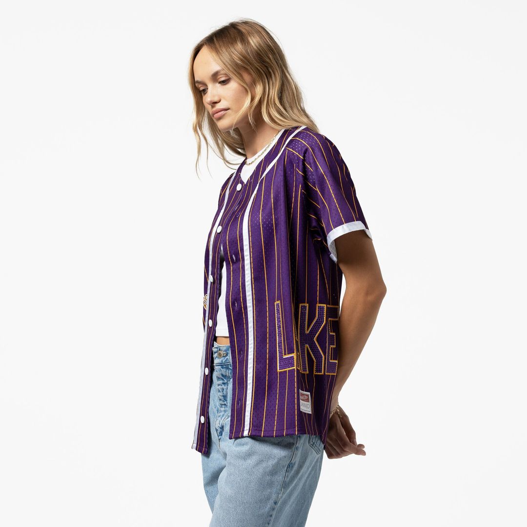Los Angeles Lakers Mitchell & Ness x DANNIJO Women's Fashion Baseball Jersey - Purple Official NBA Team Apparel Basketball Fan Gear