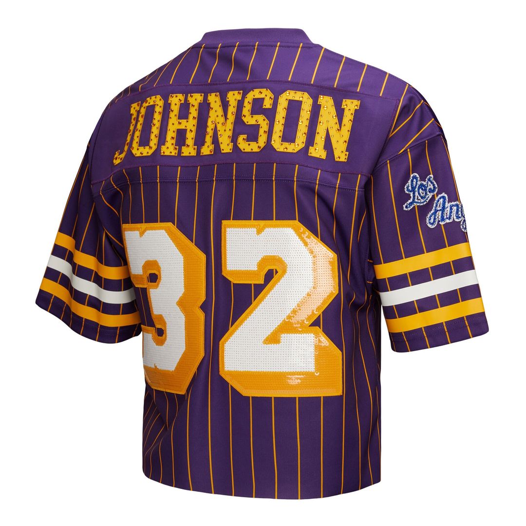 Magic Johnson Los Angeles Lakers Mitchell & Ness x DANNIJO Women's Cropped Football Fashion Jersey - Purple Official NBA Team Apparel Basketball Fan G