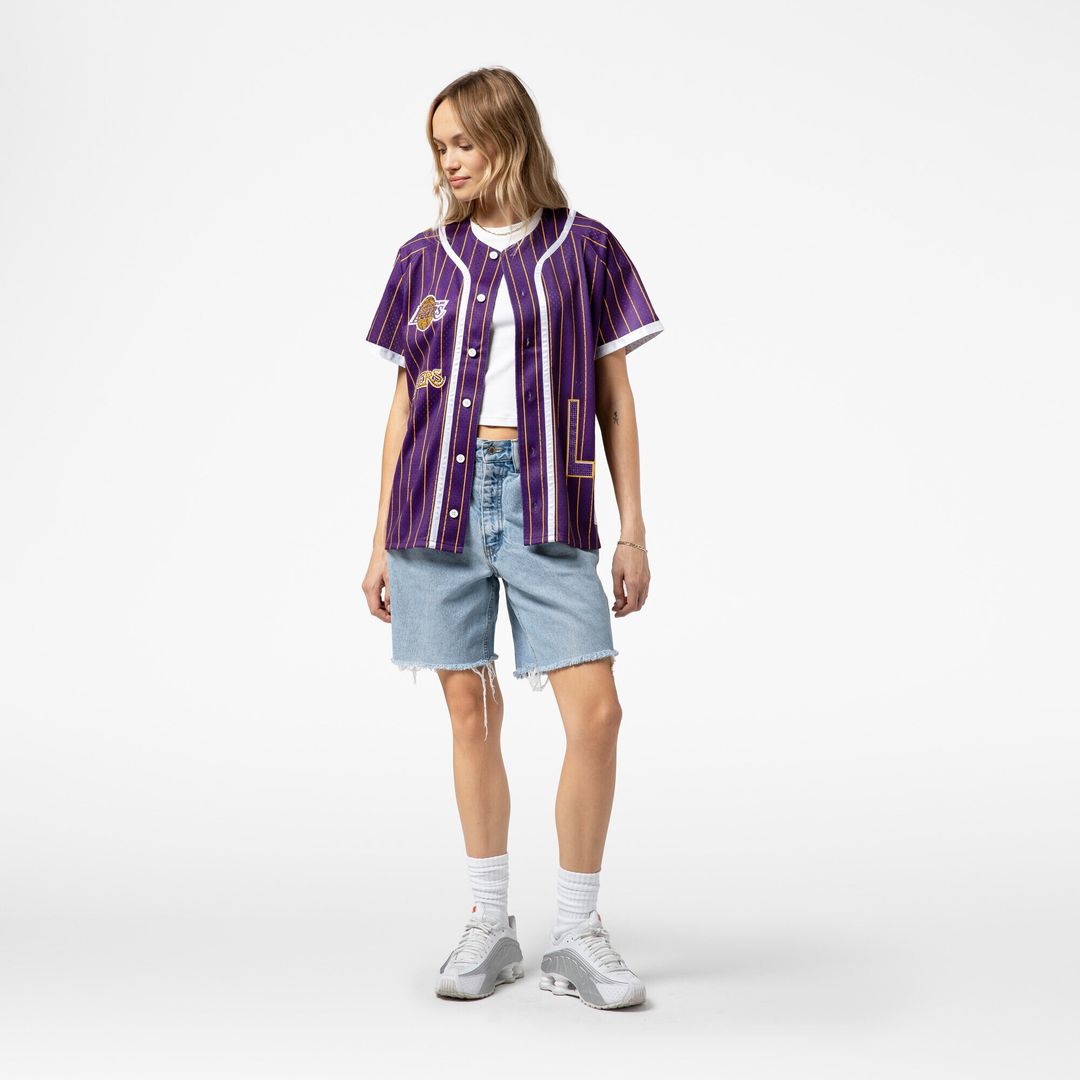 Los Angeles Lakers Mitchell & Ness x DANNIJO Women's Fashion Baseball Jersey - Purple Official NBA Team Apparel Basketball Fan Gear