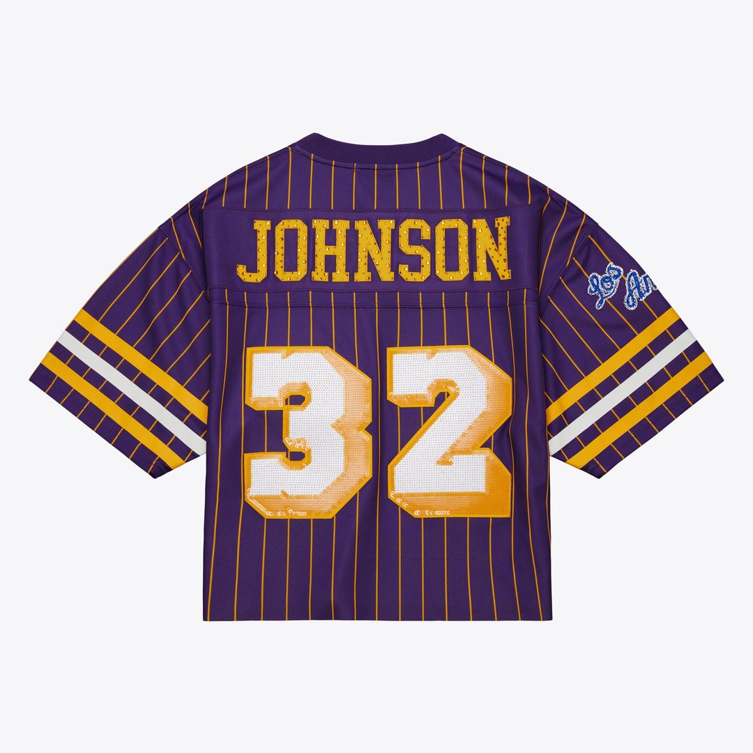 Magic Johnson Los Angeles Lakers Mitchell & Ness x DANNIJO Women's Cropped Football Fashion Jersey - Purple Official NBA Team Apparel Basketball Fan G