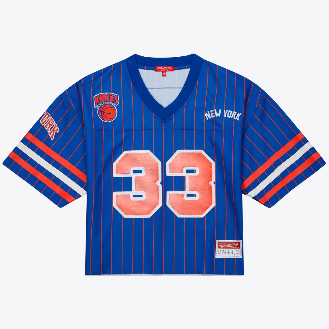 Patrick Ewing New York Knicks Mitchell & Ness x DANNIJO Women's Name & Number Cropped Football Jersey - Blue Official NBA Team Apparel Basketball Fan
