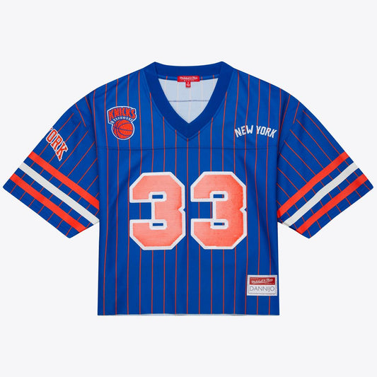 Patrick Ewing New York Knicks Mitchell & Ness x DANNIJO Women's Name & Number Cropped Football Jersey - Blue Official NBA Team Apparel Basketball Fan