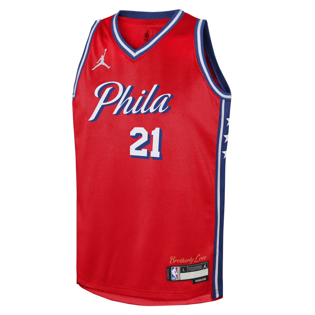 Joel Embiid Philadelphia 76ers Jordan Brand Youth Swingman Jersey - Statement Edition - Red Official NBA Team Apparel Basketball Fan Gear