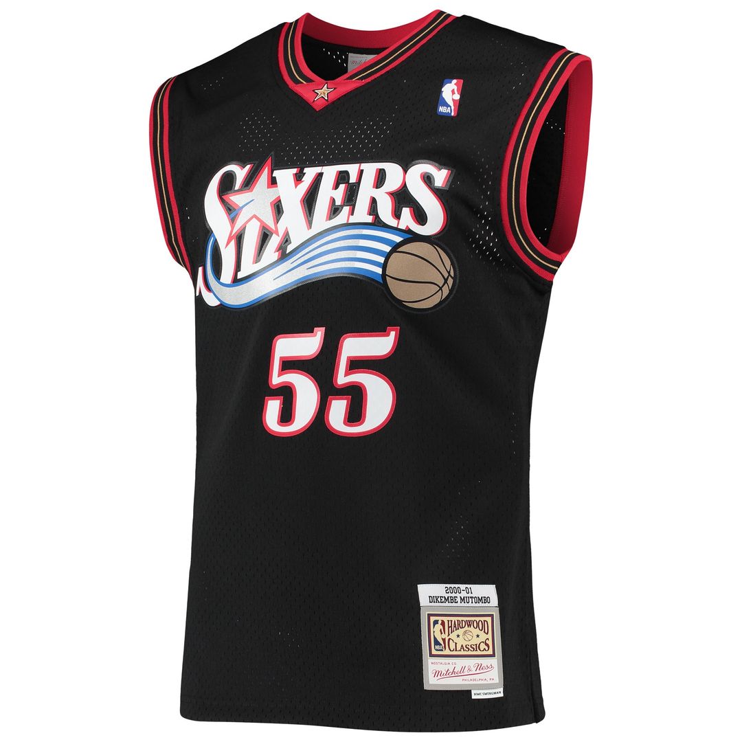 Dikembe Mutombo Philadelphia 76ers Mitchell & Ness Hardwood Classics Swingman Jersey - Black Official NBA Team Apparel Basketball Fan Gear