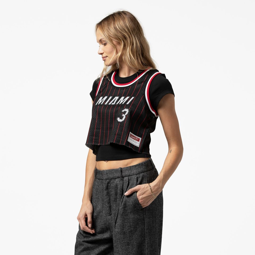 Dwyane Wade Miami Heat Mitchell & Ness x DANNIJO Women's Fashion Cropped Basketball Jersey - Black Official NBA Team Apparel Basketball Fan Gear