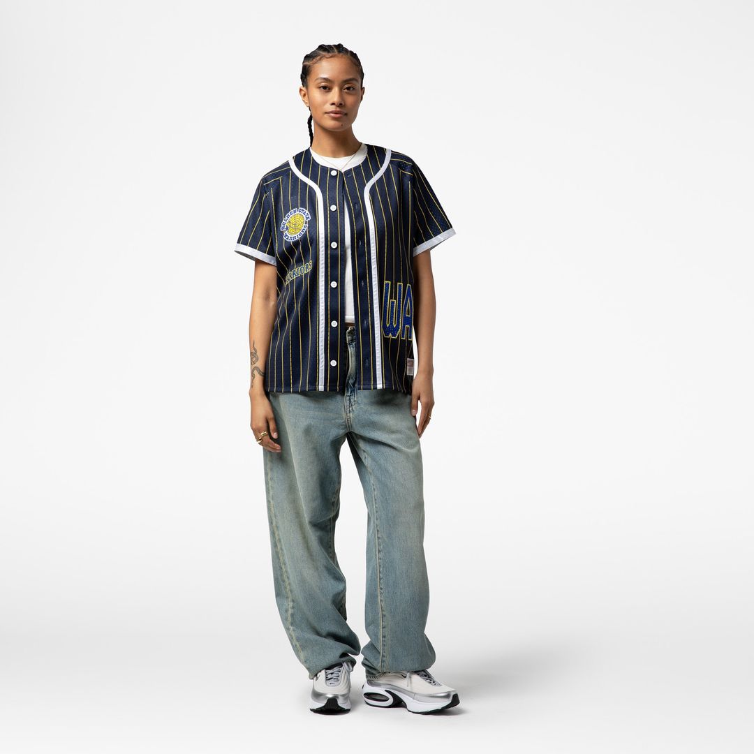 Golden State Warriors Mitchell & Ness x DANNIJO Women's Fashion Baseball Jersey - Blue Official NBA Team Apparel Basketball Fan Gear