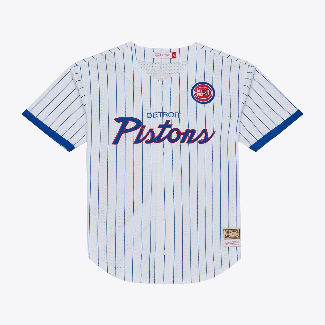 Detroit Pistons Mitchell & Ness Head Coach Pinstripe Mesh Full-Button Baseball Jersey - White Official NBA Team Apparel Basketball Fan Gear