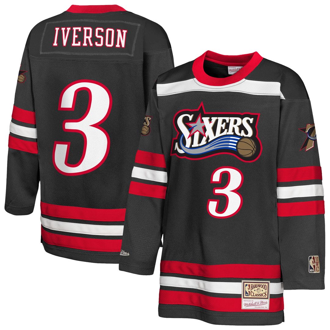 Allen Iverson Philadelphia 76ers Mitchell & Ness Youth Maxxed Out 2.0 Fashion Hockey Jersey - Black Official NBA Team Apparel Basketball Fan Gear