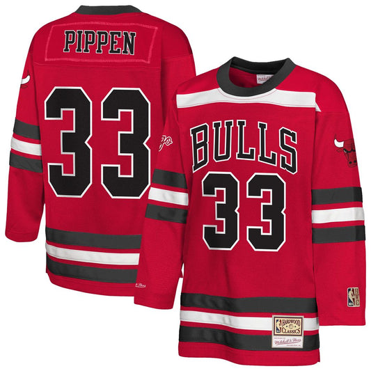 Scottie Pippen Chicago Bulls Mitchell & Ness Youth Maxxed Out 2.0 Fashion Hockey Jersey - Red Official NBA Team Apparel Basketball Fan Gear