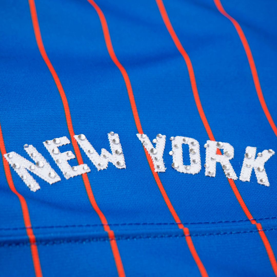 Patrick Ewing New York Knicks Mitchell & Ness x DANNIJO Women's Name & Number Cropped Football Jersey - Blue Official NBA Team Apparel Basketball Fan