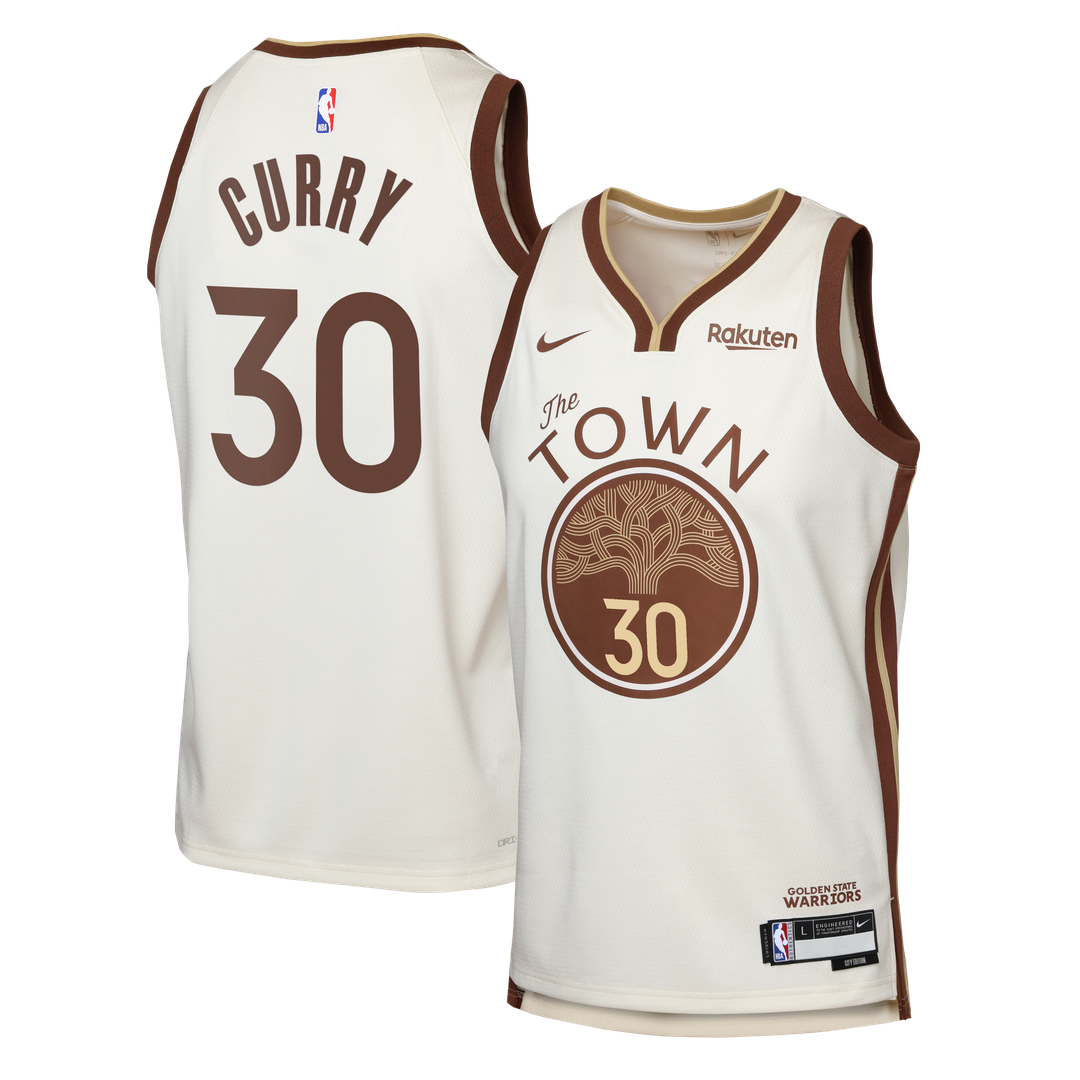 Stephen Curry Golden State Warriors Nike Youth Swingman Finished Badge Player Jersey - City Edition - Tan Official NBA Team Apparel Basketball Fan Gea