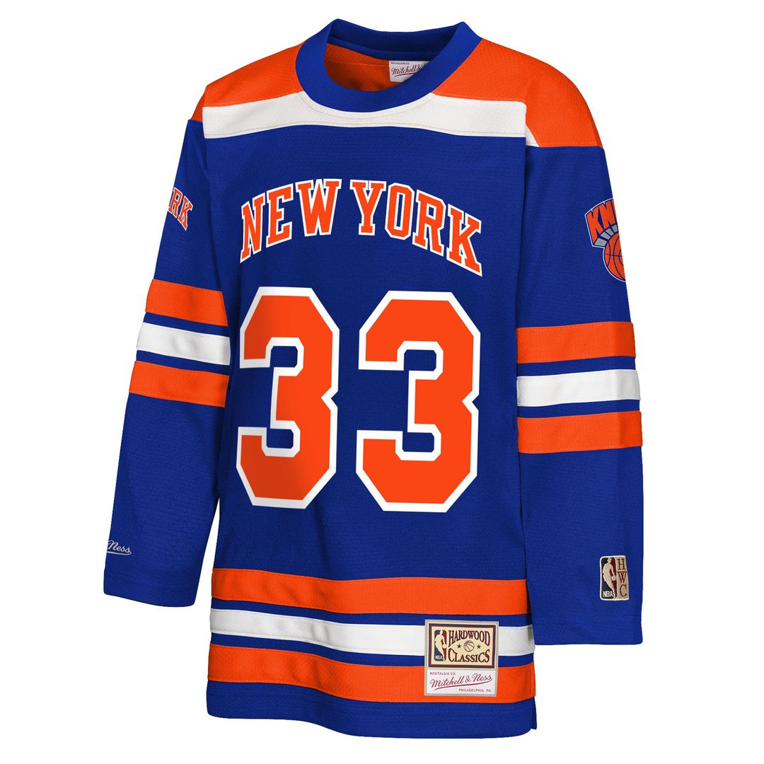 Patrick Ewing New York Knicks Mitchell & Ness Youth Maxxed Out 2.0 Fashion Hockey Jersey - Blue Official NBA Team Apparel Basketball Fan Gear