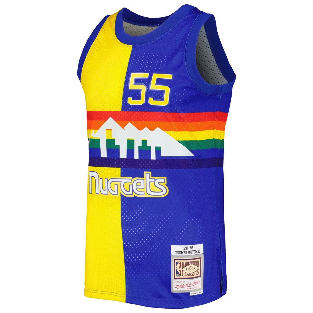 Dikembe Mutombo Denver Nuggets Mitchell & Ness Hardwood Classics 1991/92 Split Swingman Jersey - Royal/Gold Official NBA Team Apparel Basketball Fan G