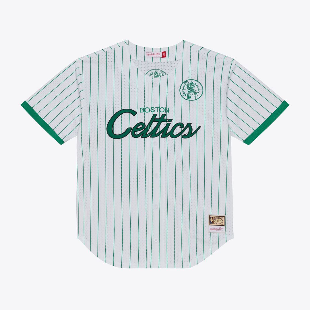 Boston Celtics Mitchell & Ness Head Coach Pinstripe Mesh Full-Button Baseball Jersey - White Official NBA Team Apparel Basketball Fan Gear
