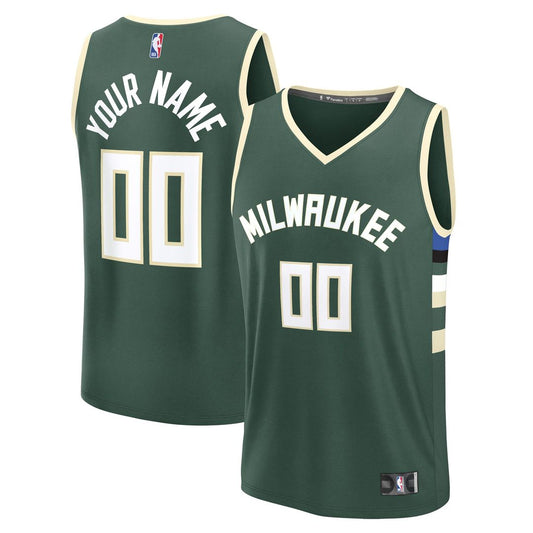 Milwaukee Bucks Fanatics Fast Break Custom Jersey - Icon Edition - Green Official NBA Team Apparel Basketball Fan Gear