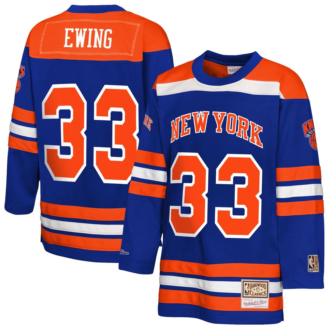 Patrick Ewing New York Knicks Mitchell & Ness Youth Maxxed Out 2.0 Fashion Hockey Jersey - Blue Official NBA Team Apparel Basketball Fan Gear