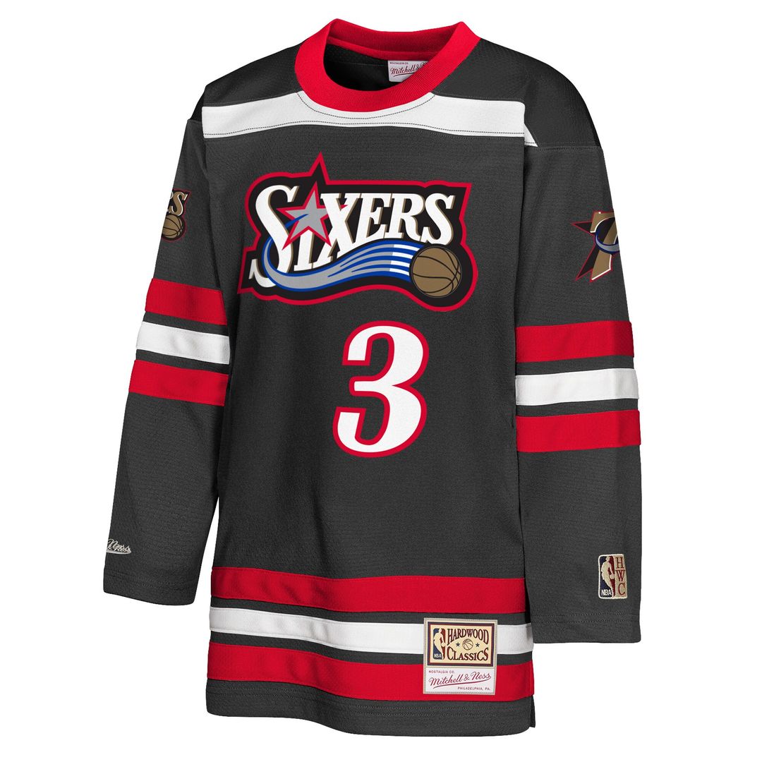 Allen Iverson Philadelphia 76ers Mitchell & Ness Youth Maxxed Out 2.0 Fashion Hockey Jersey - Black Official NBA Team Apparel Basketball Fan Gear