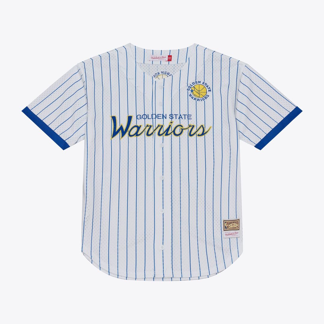 Golden State Warriors Mitchell & Ness Head Coach Pinstripe Mesh Full-Button Baseball Jersey - White Official NBA Team Apparel Basketball Fan Gear