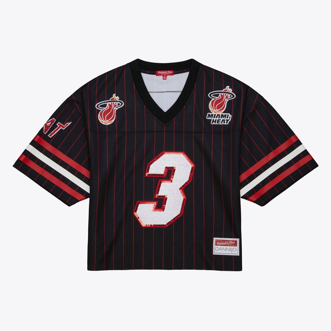 Dwyane Wade Miami Heat Mitchell & Ness x DANNIJO Women's Cropped Football Fashion Jersey - Black Official NBA Team Apparel Basketball Fan Gear