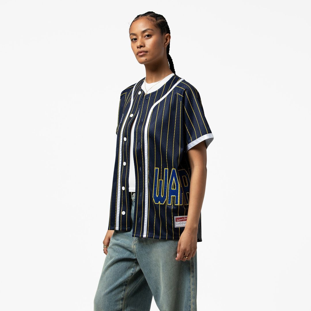 Golden State Warriors Mitchell & Ness x DANNIJO Women's Fashion Baseball Jersey - Blue Official NBA Team Apparel Basketball Fan Gear