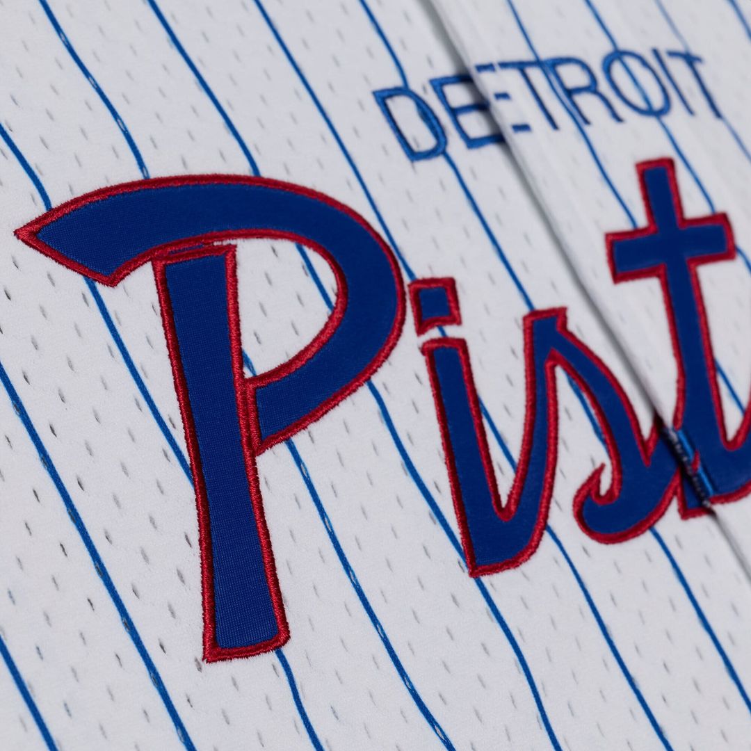 Detroit Pistons Mitchell & Ness Head Coach Pinstripe Mesh Full-Button Baseball Jersey - White Official NBA Team Apparel Basketball Fan Gear