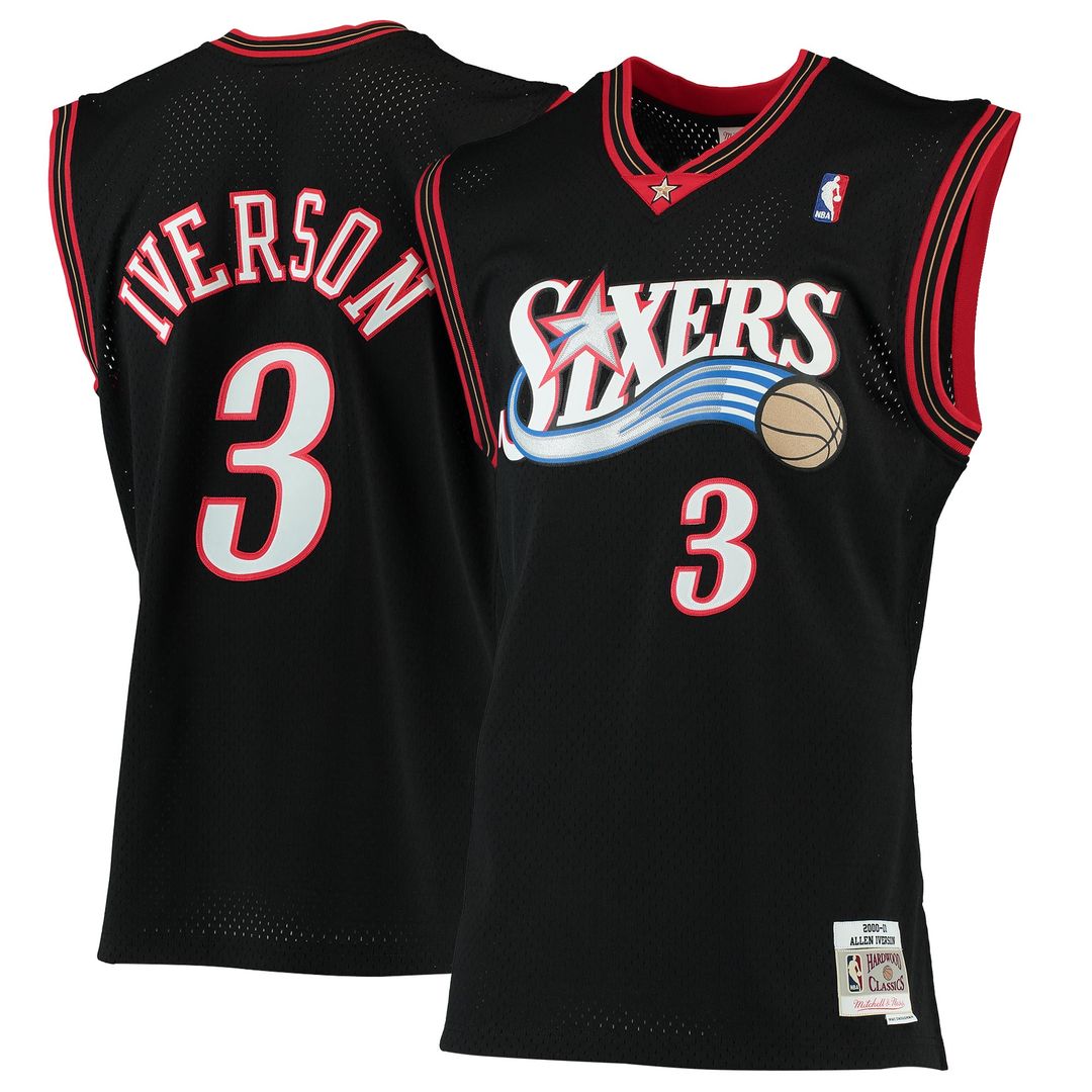 Allen Iverson Philadelphia 76ers Mitchell & Ness 2000/01 Hardwood Classics Swingman Jersey - Black Official NBA Team Apparel Basketball Fan Gear