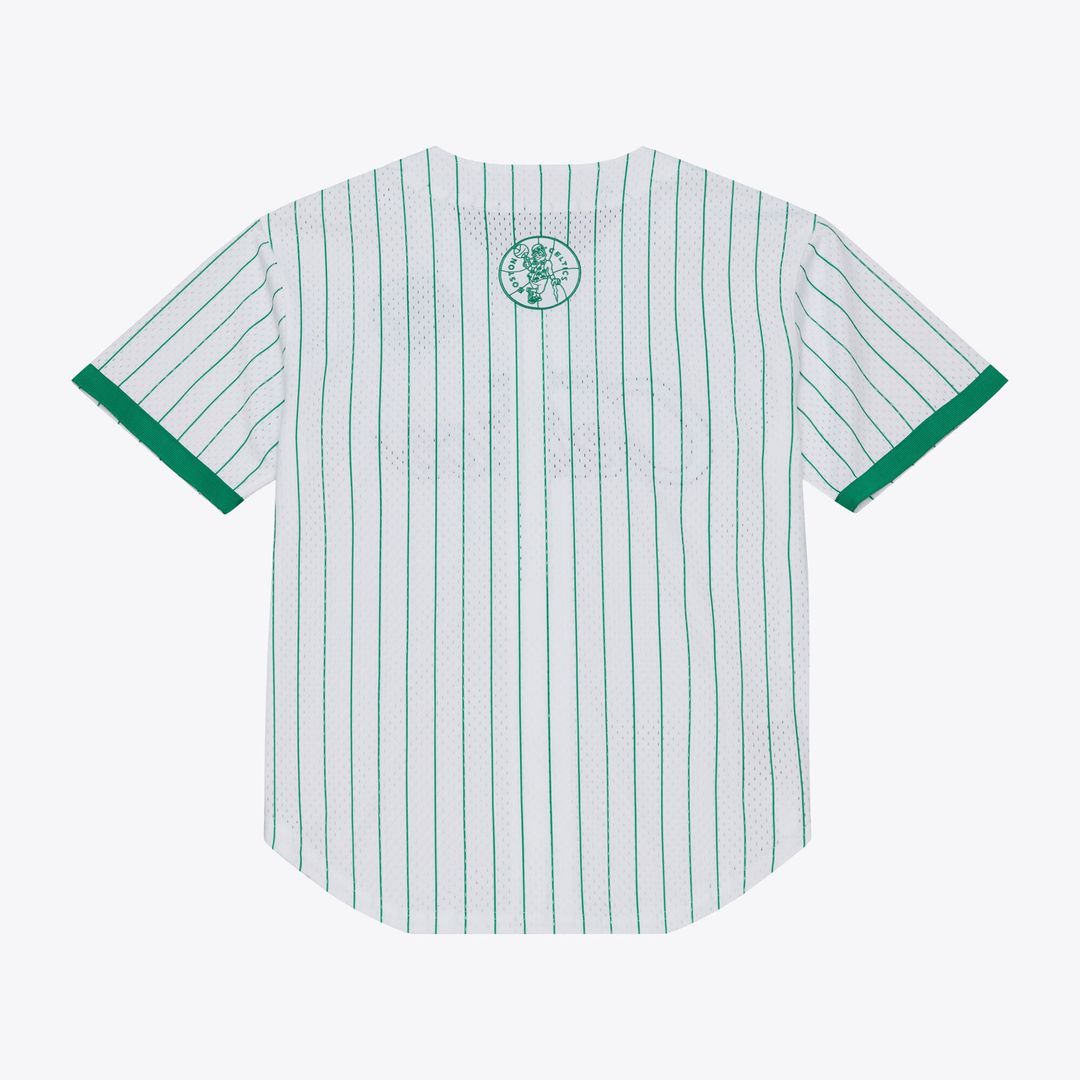 Boston Celtics Mitchell & Ness Head Coach Pinstripe Mesh Full-Button Baseball Jersey - White Official NBA Team Apparel Basketball Fan Gear