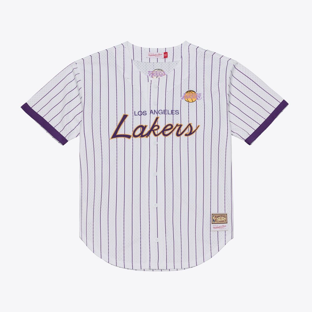 Los Angeles Lakers Mitchell & Ness Head Coach Pinstripe Mesh Full-Button Baseball Jersey - White Official NBA Team Apparel Basketball Fan Gear