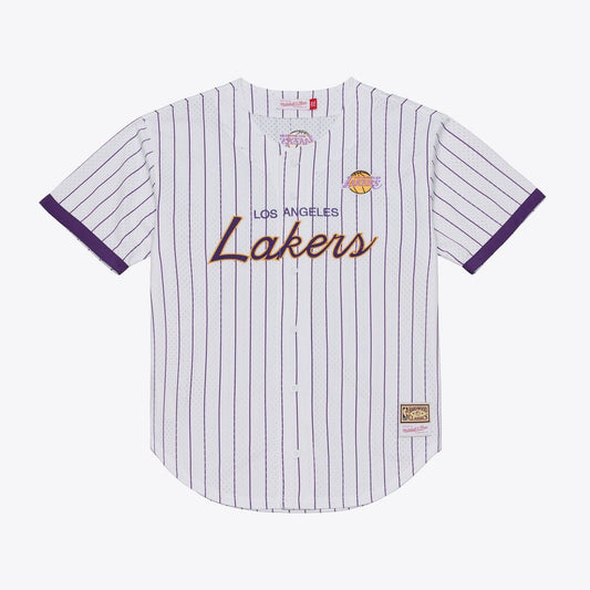 Los Angeles Lakers Mitchell & Ness Head Coach Pinstripe Mesh Full-Button Baseball Jersey - White Official NBA Team Apparel Basketball Fan Gear