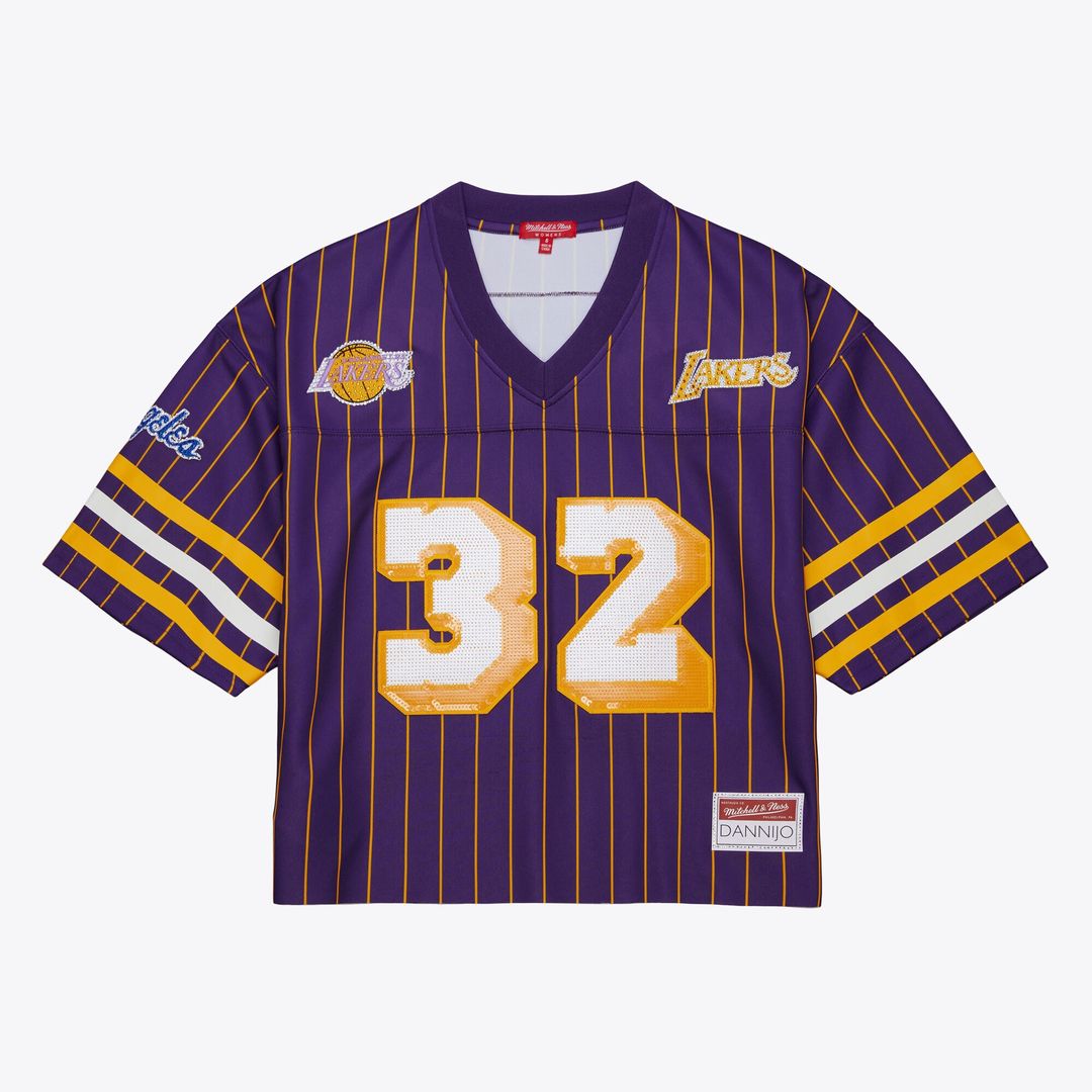 Magic Johnson Los Angeles Lakers Mitchell & Ness x DANNIJO Women's Cropped Football Fashion Jersey - Purple Official NBA Team Apparel Basketball Fan G