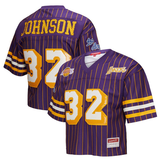 Magic Johnson Los Angeles Lakers Mitchell & Ness x DANNIJO Women's Cropped Football Fashion Jersey - Purple Official NBA Team Apparel Basketball Fan G