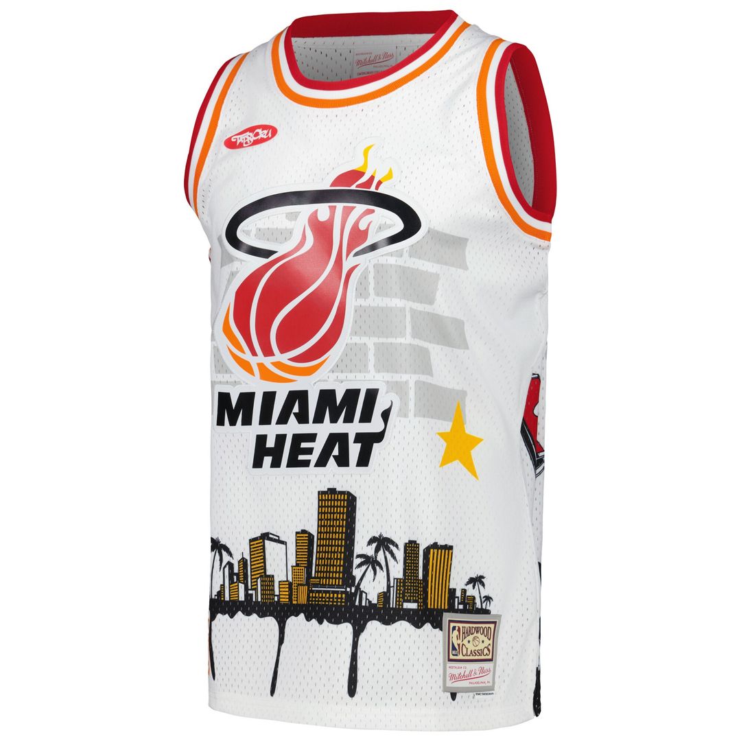 Miami Heat Mitchell & Ness x Tats Cru Hardwood Classics Fashion Jersey - White Official NBA Team Apparel Basketball Fan Gear