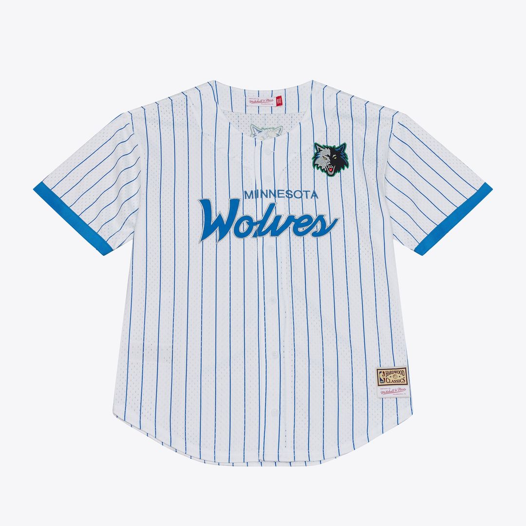 Minnesota Timberwolves Mitchell & Ness Head Coach Pinstripe Mesh Full-Button Baseball Jersey - White Official NBA Team Apparel Basketball Fan Gear