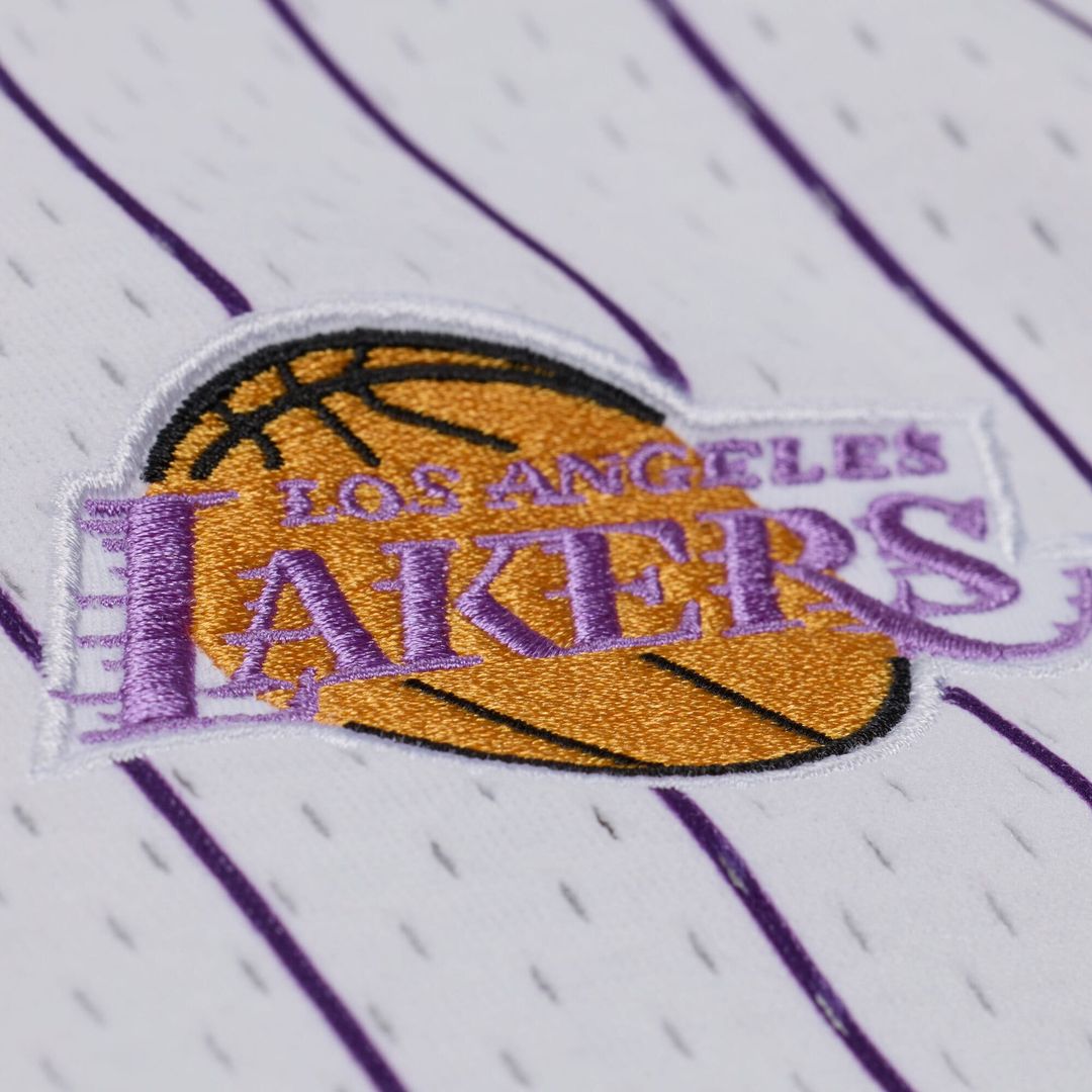 Los Angeles Lakers Mitchell & Ness Head Coach Pinstripe Mesh Full-Button Baseball Jersey - White Official NBA Team Apparel Basketball Fan Gear