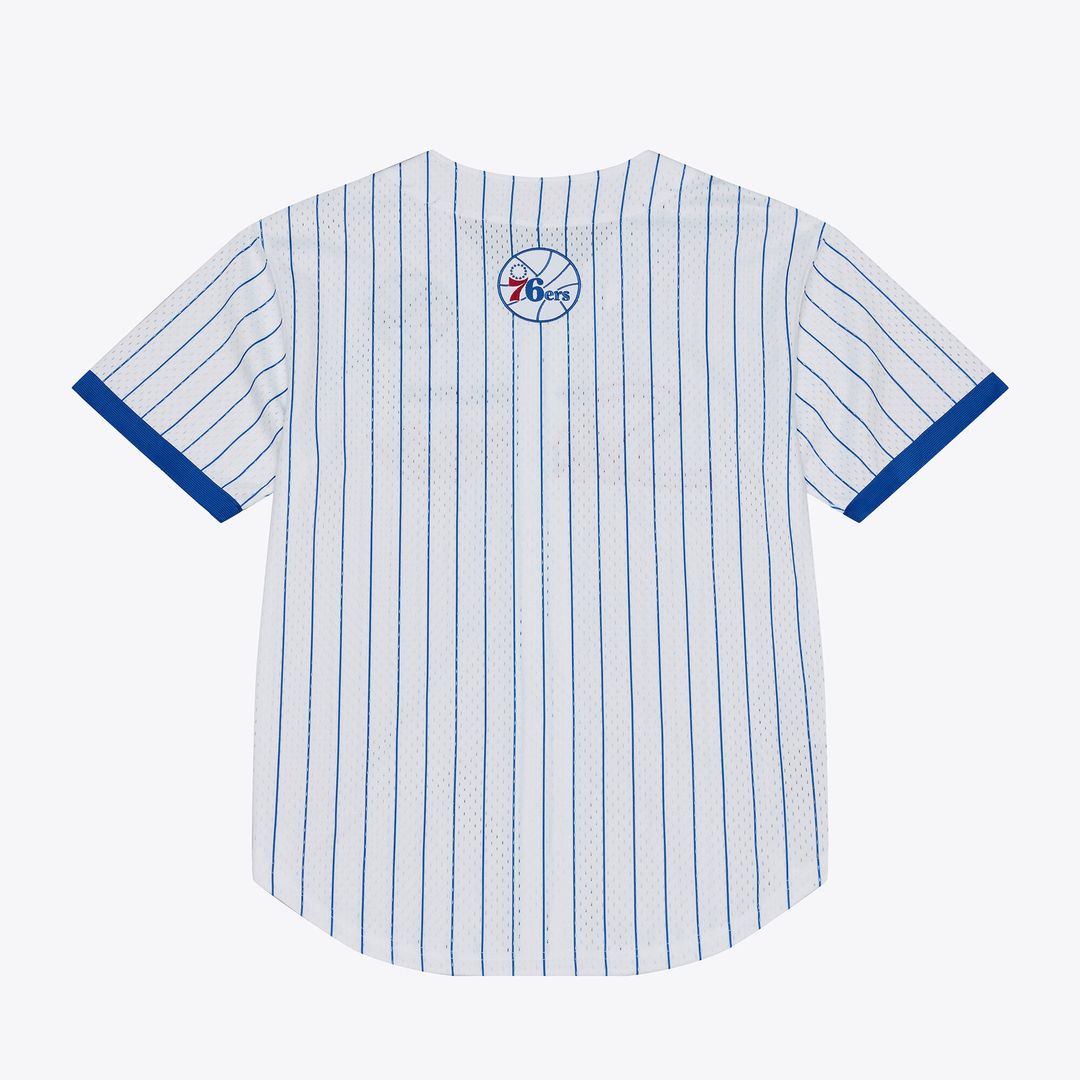 Philadelphia 76ers Mitchell & Ness Head Coach Pinstripe Mesh Full-Button Baseball Jersey - White Official NBA Team Apparel Basketball Fan Gear
