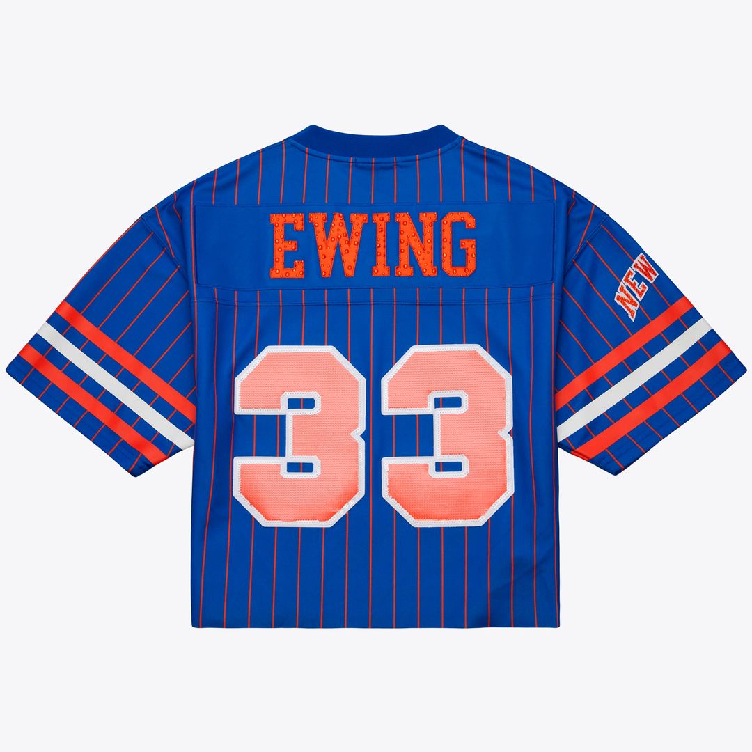 Patrick Ewing New York Knicks Mitchell & Ness x DANNIJO Women's Name & Number Cropped Football Jersey - Blue Official NBA Team Apparel Basketball Fan