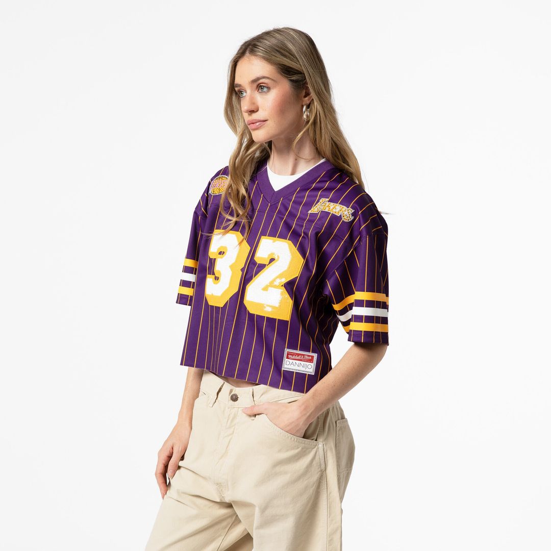 Magic Johnson Los Angeles Lakers Mitchell & Ness x DANNIJO Women's Cropped Football Fashion Jersey - Purple Official NBA Team Apparel Basketball Fan G