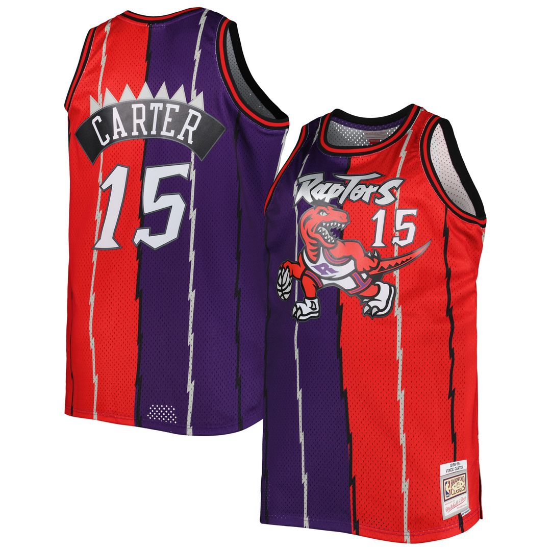 Vince Carter Toronto Raptors Mitchell & Ness Big & Tall Hardwood Classics 1998/99 Split Swingman Jersey - Purple/Red Official NBA Team Apparel Basketb